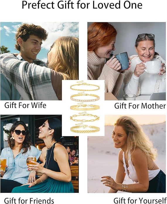 Gold Bracelets for Women 14K Gold Plated Stack Trend Bracelets Charm Paperclip Chain Cuban Link Layered Waterproof Bracelet Dainty Bracelet for Women Jewelry Gifts