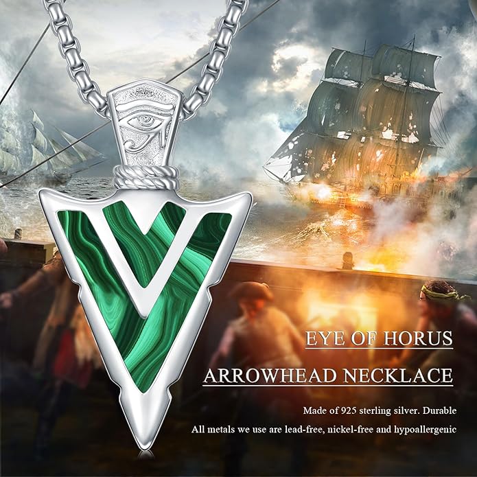 Suiknsn Arrowhead Necklace for Men Women 925 Sterling Silver Turquoise Malachite Celtic/Eye of Horus/Viking Arrow Pendant Amulet Jewelry Gifts Native American Necklace