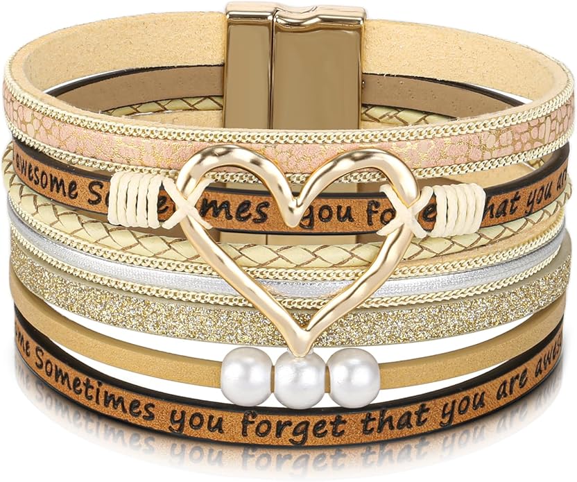 Desimtion Boho Layered Leather Wrap Inspirational Bracelets for Women, Sometimes You Forget Your Awesome Gifts for Women, Teen Girl Gifts Trendy Stuff, Christmas Jewelry for Women Girls