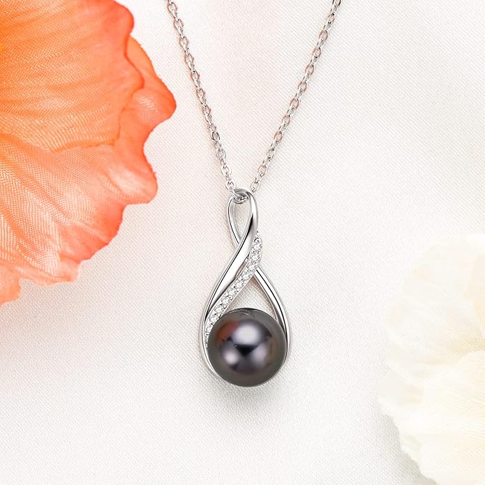 DENGGUANG Tahitian Black Pearl Necklace for Women Genuine 9-10mm Round Tahitian Cultured Pearls Pendant 18K Gold Plated 925 Sterling Silver - Jewelry Gifts for Mom Wife Daughter