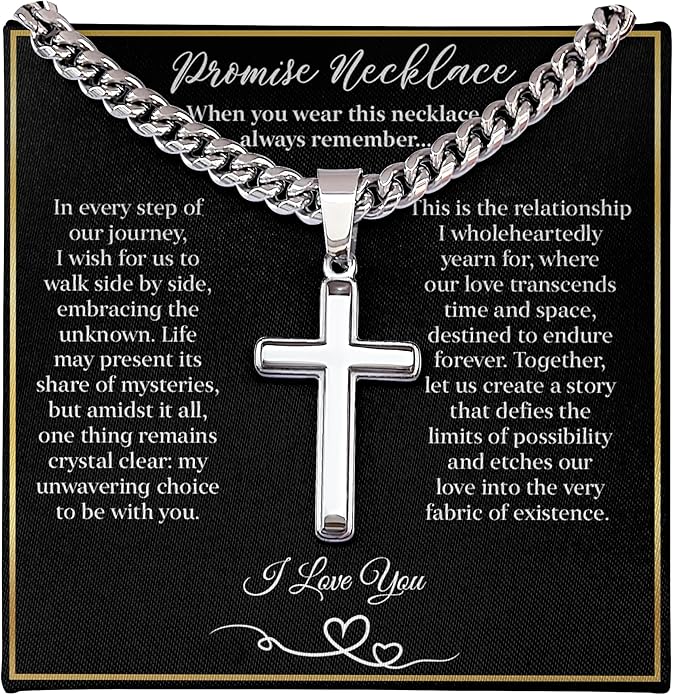 GLAVICY Promise Cross on Cuban Necklace For Him, Sentimental Gift for Husband, Boyfriend, Man with Message Card and Box, Promise Jewelry on Birthday, Valentine Day