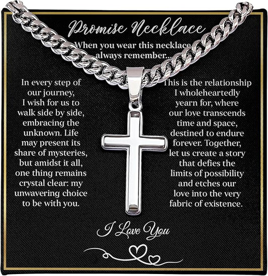 GLAVICY Promise Cross on Cuban Necklace For Him, Sentimental Gift for Husband, Boyfriend, Man with Message Card and Box, Promise Jewelry on Birthday, Valentine Day