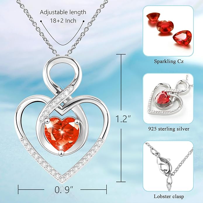 Heart Necklace for Women, 925 Silver Necklace with Infinity Heart Pendant, Personalized Birthstone Necklace Anniversary Birthday Gifts for Wife, Girlfriend, Mom