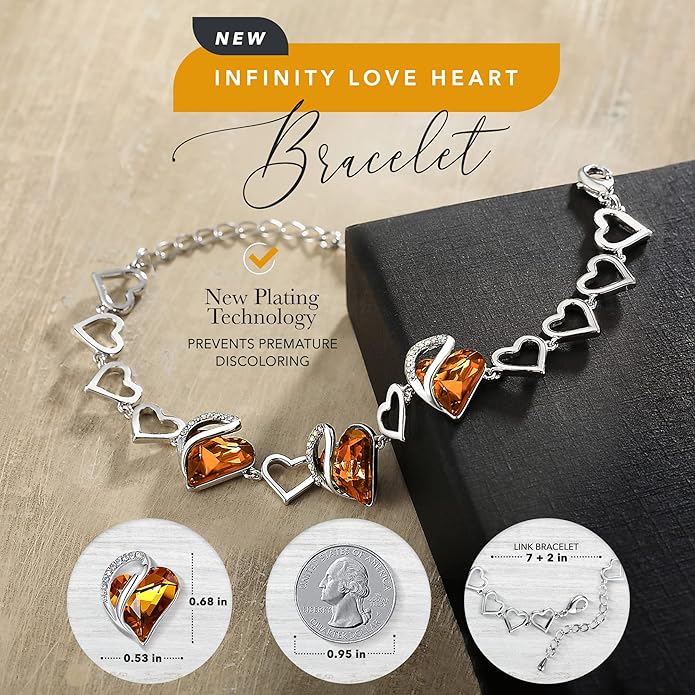 Leafael Infinity Love Heart Link Bracelets, Birthstone or Healing Stone Crystal Bracelet for Women, Silver Tone Jewelry Gifts for Her, 7-inch Chain and 2-inch Extender