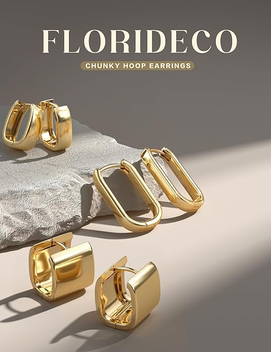 Florideco 3Pairs Chunky Gold Earrings Set 14K Gold Plated Hoop Earrings for Women Trendy Small Thick Huggie Hoops Earring Lightweight Silver Hoop Earring Sets for Multiple Piercing