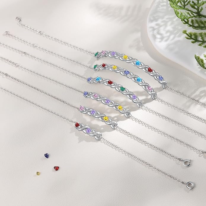Personalized Custom Name Heart Bracelet with 1-6 Birthstone Bracelets for Women Engraved Family Names Link Bracelets for Mother's Day Mom Daughter