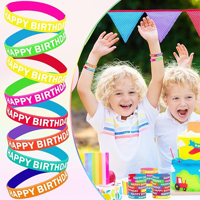 JUNEBRUSHS 64pcs Happy Birthday Rubber Bracelets Bulk Colored Rubber Silicone Wristbands for Students Teachers Classroom Reward Gifts Birthday Decorations Party Favors Supplies(16 Designs)