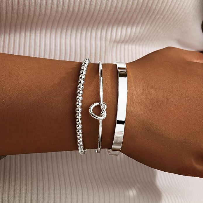 Silver Bracelets for Women Stack, Silver or Gold Plated Cuff Bangle Set, Trendy Silver Jewelry for Women Fashion