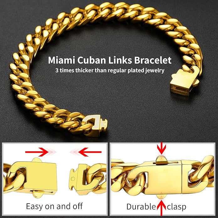 ChainsHouse Stainless Steel Cuban Link Bracelet for Men, 5mm/7mm/9mm/12mm Width, 7.5"/8.3"/9" Length, Black/18K Gold Plated Chain Wrist Bracelets for Men, with Gift Box