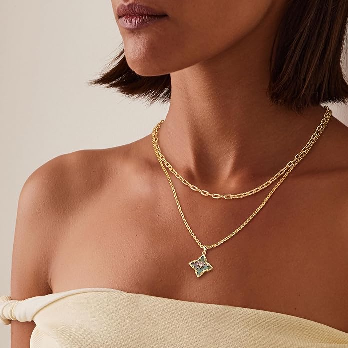 Fettero Gold Clover Necklace for Women Dainty 14K Gold Plated CZ Pendant Necklace Adjustable Chain Choker Charm Colorful Clover Pendant Lucky Necklaces for Women Jewelry