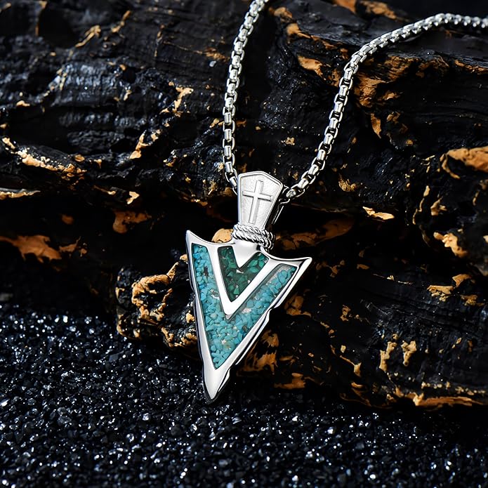 Suiknsn Arrowhead Necklace for Men Women 925 Sterling Silver Turquoise Malachite Celtic/Eye of Horus/Viking Arrow Pendant Amulet Jewelry Gifts Native American Necklace
