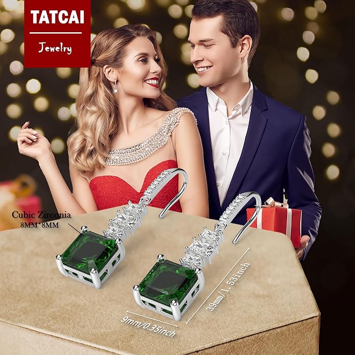 18K White Gold Plated Sterling Silver Asscher Cut Cubic Zirconia Dangle Earrings for Women Square CZ Diamond Drop Dangling Earrings for Women Mom