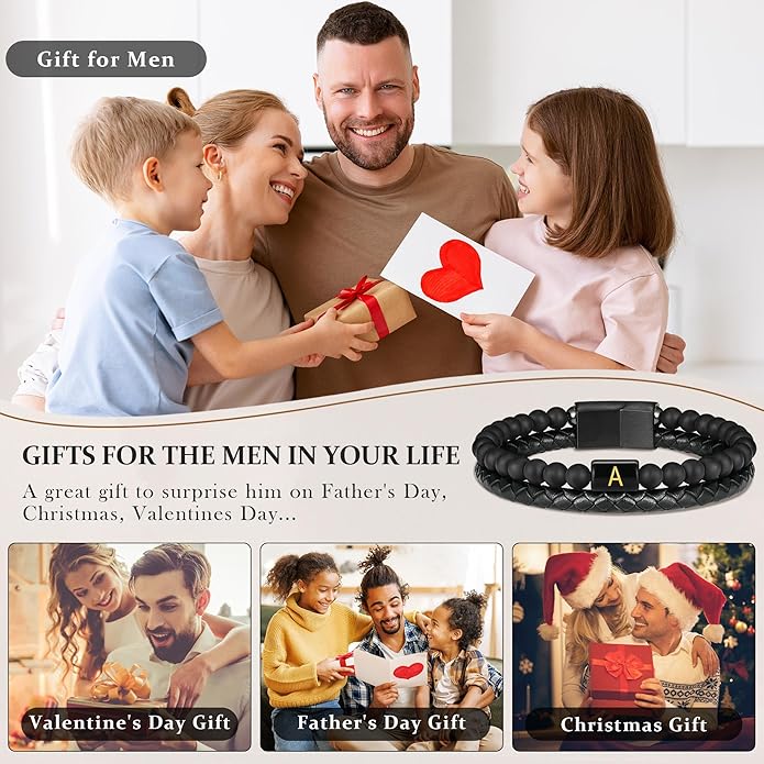 FOCOOG Leather Bracelets for Mens Gifts - Premium Genuine Leather Natural Lava Rock Matte Agate Adjustable Stainless Steel Magnetic Clasp Initial Bracelet, Unique Gifts for Men Husband Dad Son