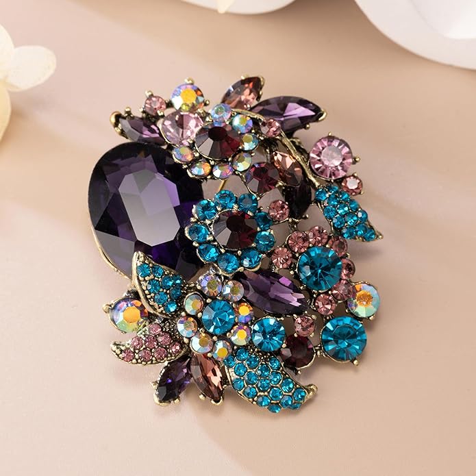 SELOVO Rhinestone Glitter Flower Brooch Pin Jewelry Scarf Accessory Vintage Gold Tone
