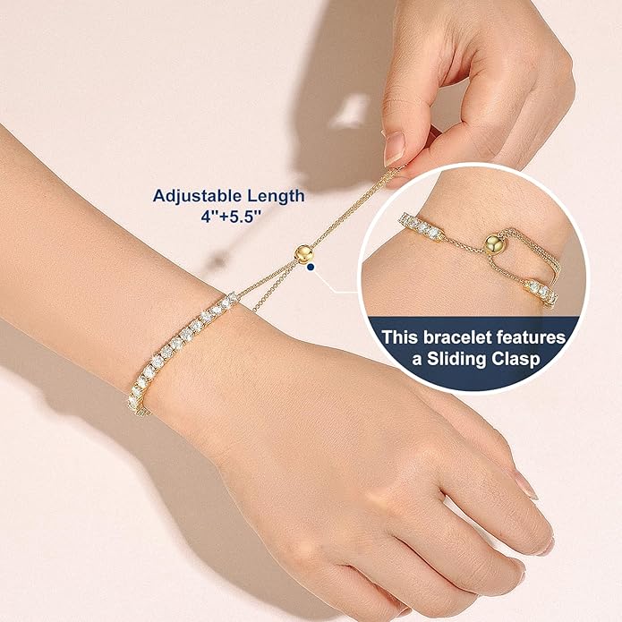 Moissanite Tennis Bracelet 1.52ct-7.76ct Adjustable Bracelet for Women 18K White Gold Plated S925 Sterling Silver Tennis Bracelet D Color VVS1 Round Cut 2/3/4mm Moissanite Bracelet Gifts for Wife/Mom