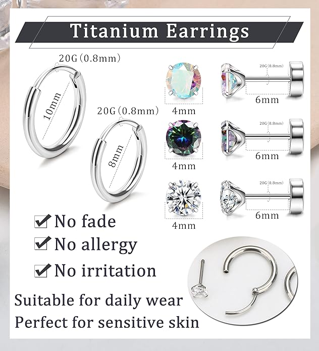 MJust Titanium Earrings for Sensitive Ears 20G Hypoallergenic Stud Hoop Earrings for Women Men Opal Ball CZ Heart Pearl Flat Back Earrings Cartilage Earrings Set