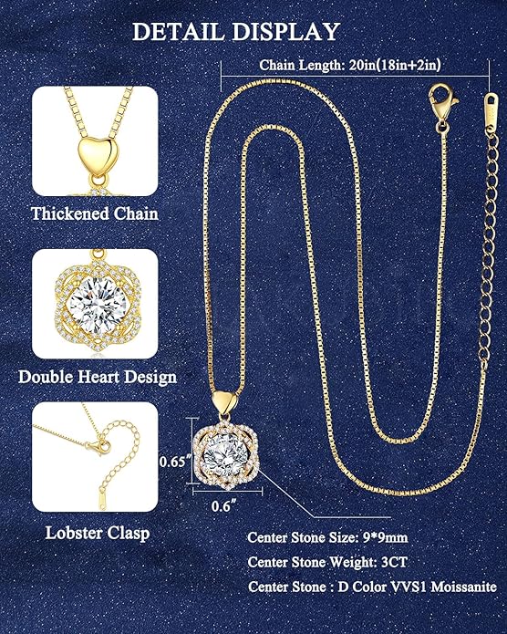 InfinityLove Heart Necklaces for Women,3 Carat Moissanite Necklacce,Moissanite Pendant Necklace,Anniversary Birthday Gifts for Women,Mom, Girlfriend, Jewelry Gifts for Christmas Valentine's Day