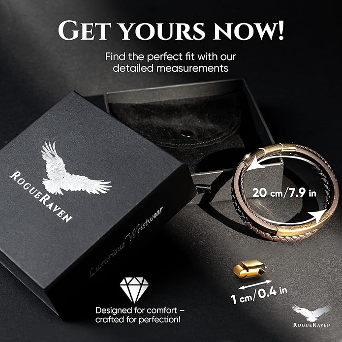 RogueRaven Black Leather Bracelet for Men – Premium Collection – Brown Black Gold Silver | Genuine Leather Mens Bracelet with Stainless Steel Clasp [Adjustable] | In Luxury Gift Box
