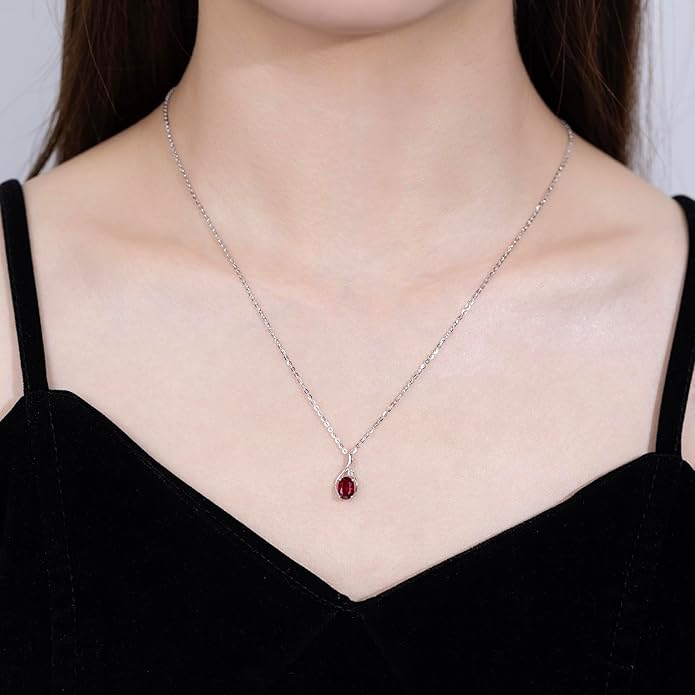 FANCIME 14K Solid White Gold Oval Gemstone Necklace with Diamond Pendant Gifts for Mom Women,16"+2" Inches