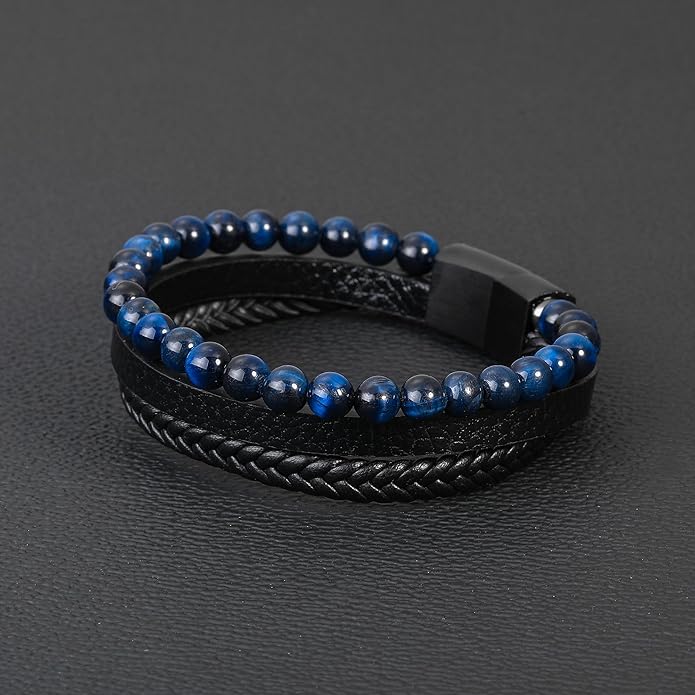 Gifts for Men - Layered Leather Beads Bracelet, Tiger Eye Lava Rock Stone Braided Leather Bracelets for Men Adjustable Magnetic Clasp Birthday Gifts