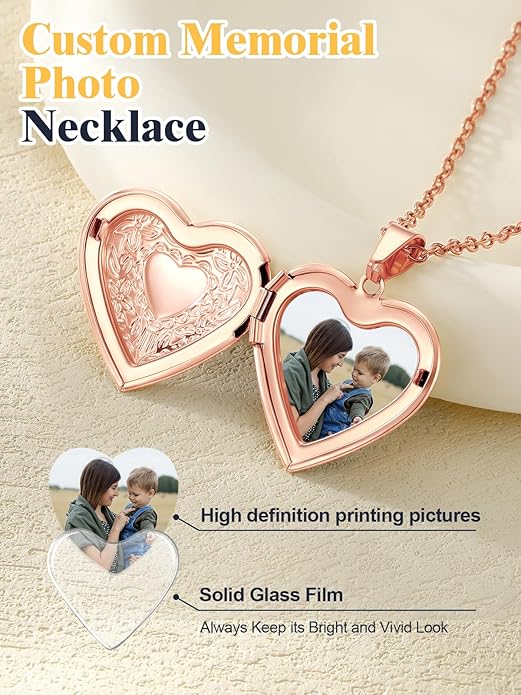 U7 Women Locket Necklace Platinum 14K Gold Photo Lockets that Hold Picture,Chain 20 Inch Personalized Gift Custom Love Heart Image Necklaces