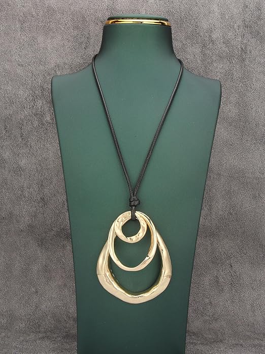 Long Boho Necklaces for Women Vintage Leather Wooden Pendant Y Choker Ethnic Style Gold Circle Hippie Sweater Necklace