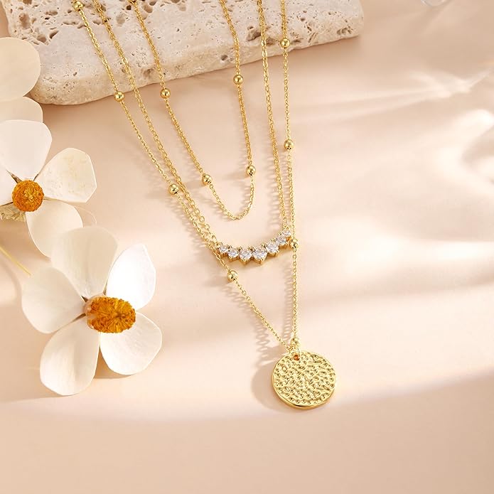 Layered Necklaces for Women 14K Gold Plated Stack Circle Pendant Trendy Long Chain Stackable Handmade Coin Necklace Set Dainty Gold Stacked Jewelry Gifts