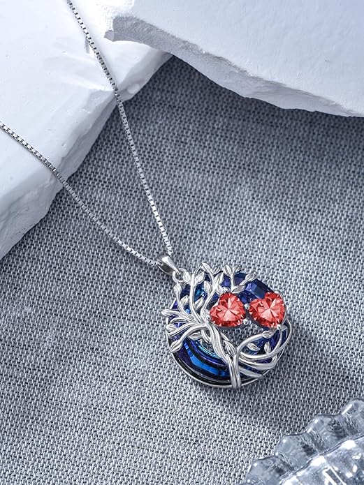 TOUPOP s925 Sterling Silver Family Celtic Tree of Life Pendant Necklaces with 2 Heart Birthstone with Blue Austrian Crystal Jewelry Birthday Anniversary Christmas Gifts for Her Wife Girlfriend Mom (18K Real White Gold Filled)