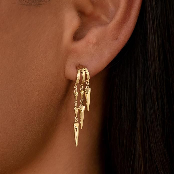 Dangle Earrings for Women,14k Gold Plated Triple Huggie Stud Earrings Dainty Drop Earrings for Women Trendy Gold Statement CZ Long Chain Earrings Non Tarnish Jewelry
