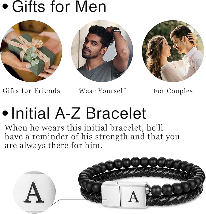 LUXEJEW Gifts for Men - Mens Bracelet, Beaded Leather Initial Bracelet 6mm Matte Agate Stone Handmade Bracelets Adjustable Stainless Steel Magnetic Clasp Mens Jewelry Gifts