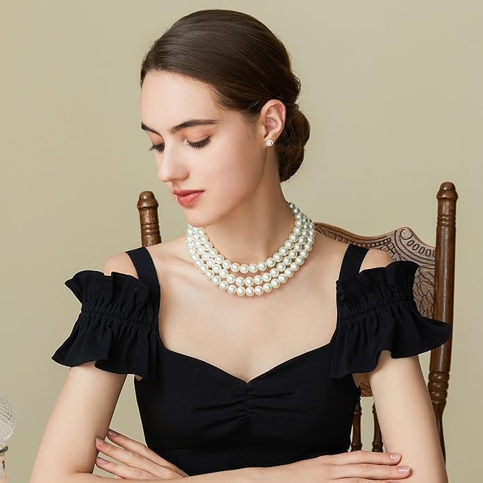 BABEYOND Round Imitation Pearl Necklace Vintage Multi Strands Necklace 20s Flapper Necklace for Party