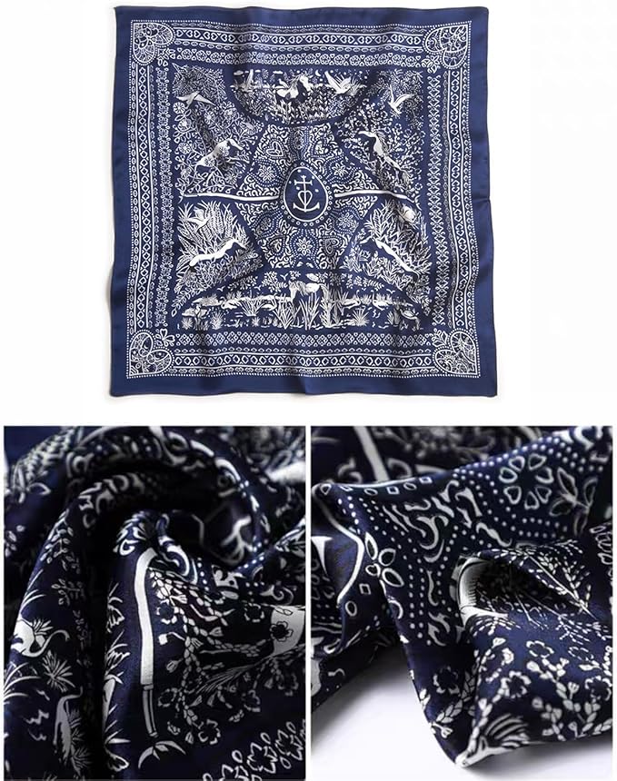 ANDANTINO 100% Pure Mulberry Silk Small Square Scarves -21'' x 21''- Digital Printed Neckerchief –Women Men Lightweight Scarf