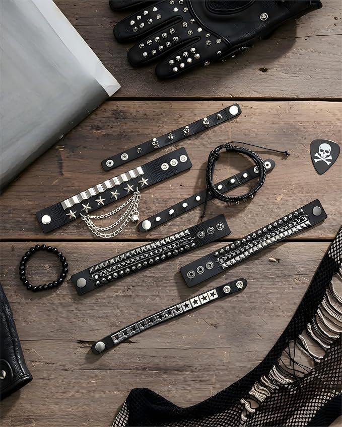 Hicarer 9 Pieces Spiked Studded Bracelet Black Leather Rivet Punk Bracelet Cuff Wrap Bangle Snap Button Metal Wristband for Men Women
