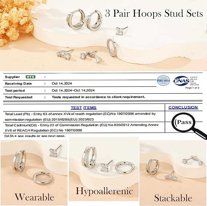 DORANA Valentines Day Gift 3 Pairs 925 Sterling Silver Earrings for Women Girls Non Tarnish Small Hypoallergenic Huggie Hoops Cartilage Stack Earring Sets for Multiple Piercing