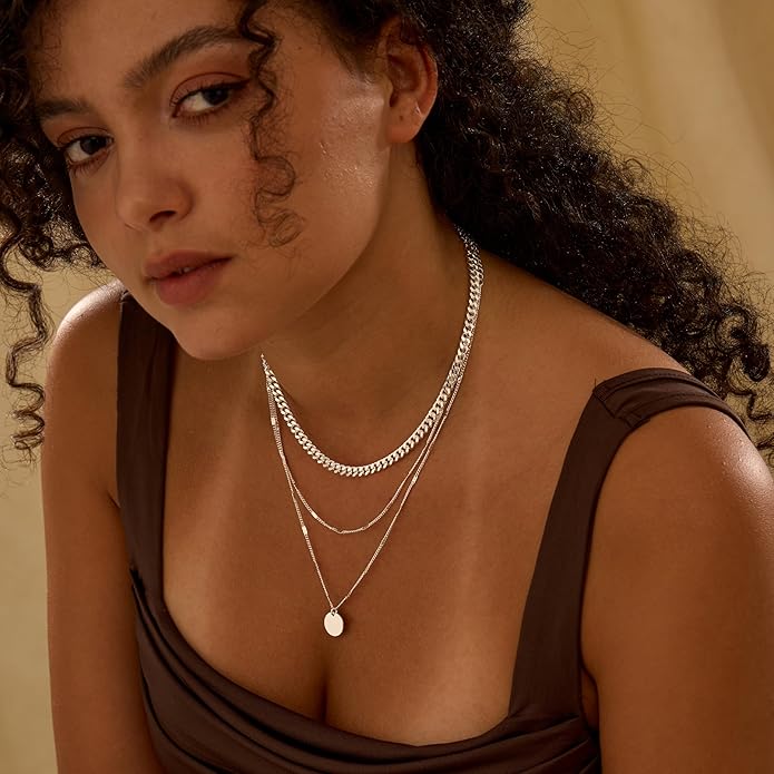 Layered Silver Necklace for Women Trendy Silver Plated Dainty Stackable Necklace Set Cuban Paperclip Herringbone Link Chain Coin/Cross/diamond/Mobius Pendant Necklaces Fashion Accessories Jewelry Gift