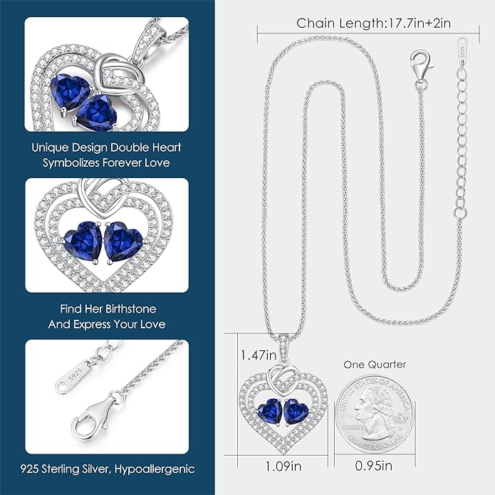 LOUISA SECRET Sparkling Double Heart Birthstone Necklaces for Women, 925 Sterling Silver Fine Jewelry, Pendant Heart Necklaces Birthday Anniversary Christmas Gift for Women Wife Mom Girlfriend Lady