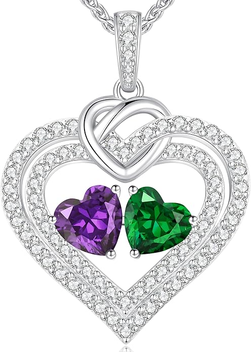 LOUISA SECRET Sparkling Double Heart Birthstone Necklaces for Women, 925 Sterling Silver Fine Jewelry, Pendant Heart Necklaces Birthday Anniversary Christmas Gift for Women Wife Mom Girlfriend Lady