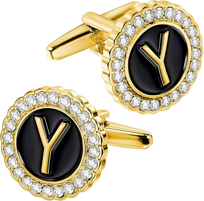 HAWSON A-Z Initial Cufflinks for Men and Women with Clear Crystal, Gold Silver Color Rasied Letter A-Z Cuff Links for French Shirt, Gift for Normal and Business Wearing