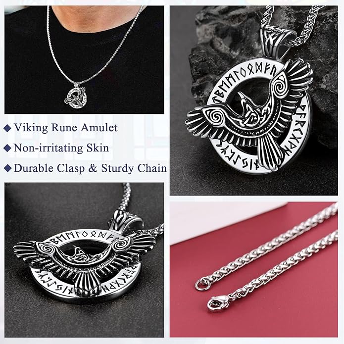 FaithHeart Viking Raven Necklace for Men, Norse Mythology Raven Skull Pendant Sturdy Stainless Steel Amulet Jewelry Gift for Men