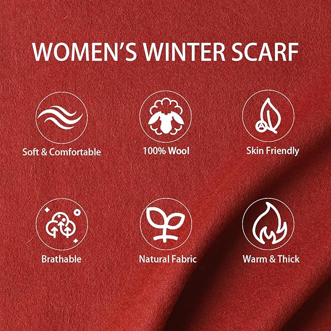 WASALUYA Wool Scarf for Women & Men, 100% Wool Scarves Wrap Shawl with Tassels, Elegant Soft Winter Scarf for Fall and Winter