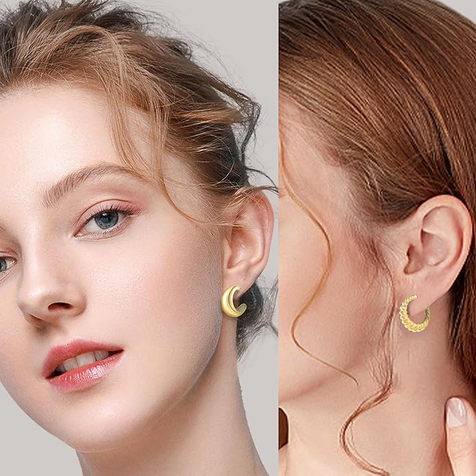 6 Pairs Gold Hoop Earrings for Women, 14K Gold Plated Lightweight Chunky Hoop Earrings Set Hypoallergenic, Thick Open Huggie Hoops Earrings Jewelry for Gifts.