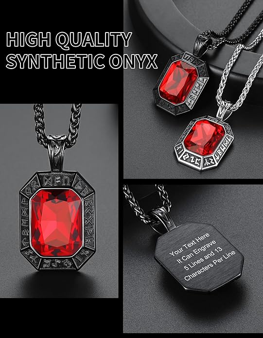 ChainsHouse Viking Rune Pendant Necklace for Men Women, Punk Biker Black Metal/316L Stainless Steel Onyx Norse Vintage Amulet Necklaces with Black/Red/Green/Blue Gemstone, Send Gift Box
