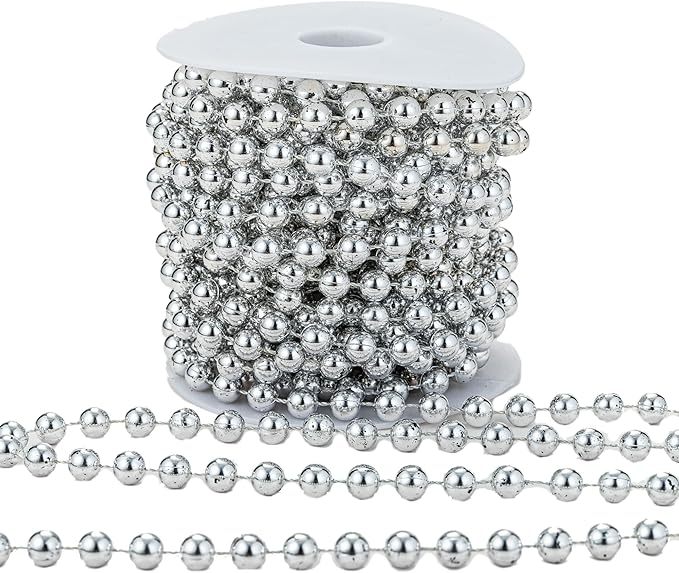 YoungJewl 8mm Crafts Faux Pearl Beads Garland Pearl Bead Roll Strand of Pearls to Decorate Floral Centerpieces Wedding Party Favor Christmas Tree(33 Feet Silver)