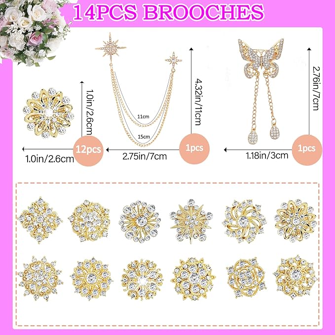 Yhsheen Gold Rhinestone Brooches Pin Kits Crystal Pearl Brooches for Bouquets for Wedding Decoration Accessories Jewelry Making Crafts(Gold-14PCS)-C