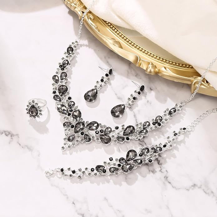 BriLove Wedding Bridal Jewelery for Women Austrian Crystal Teardrop Cluster Statement Necklace Dangle Earrings Link Bracelet Set