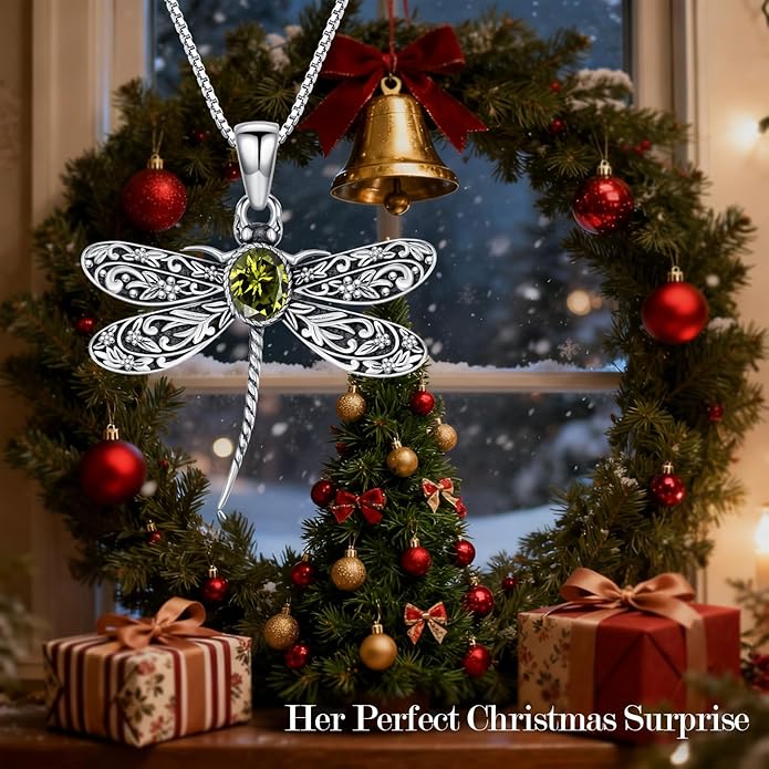 Vintage Dragonfly Necklace for Women 925 Sterling Silver, Oval Birthstone Dragonfly Pendant Boho Jewelry Birthday Gift for Her, Mom, Grandma