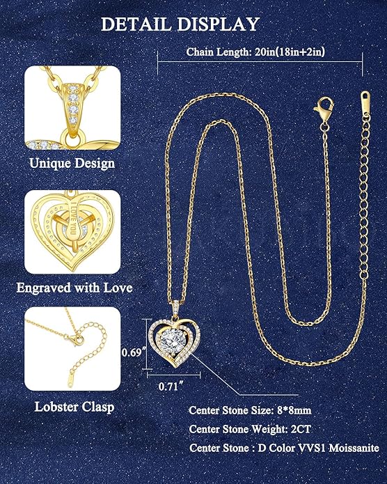 Moissanite Heart Necklaces,1-2 Carat Moissanite Necklace, Pendant Necklace Engraved with 'I LOVE YOU,Wedding Gifts,Birthday Gifts for Her,Jewelry Gifts for Christmas Valentine's Day