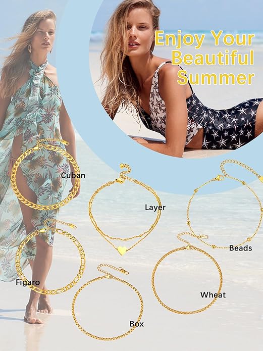 PROSTEEL Stainless Steel Chain Anklets for Women, Silver/Gold Tone, Ankle Bracelets Hypoallergenic, 8-10.5 Inch Adjustable, Come with Box