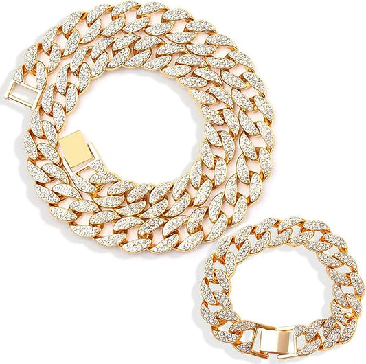 EMESLY Miami Cuban Link Chain 14K Gold Plated Necklace (16, 18, 20, 22, 24, 30 Inches Length); Hip Hop Bracelet (8" Length) for Men & Women; Perfect Iced Out Bling Jewelry Gift