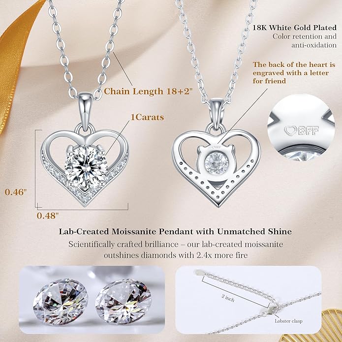 1CT Heart Brilliant Moissanite Heart Pendant Necklace D Color VVS1 S925 18K White Gold Plated for Mother Love Friend Mother’s Day Birthday Gift for Her 18inch